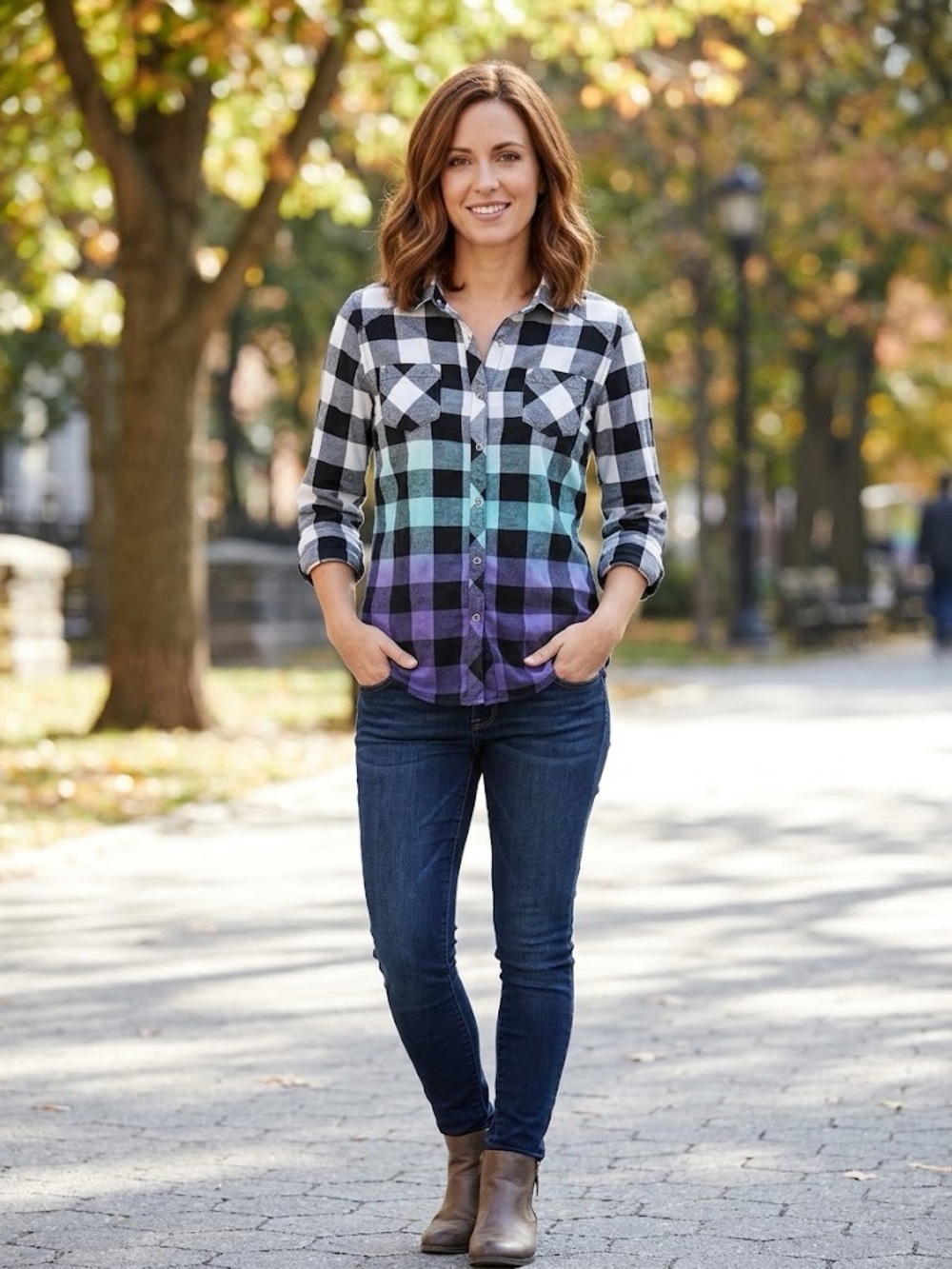 Fox Black Plaid Button-Down Shirt with Teal & Purple Ombre